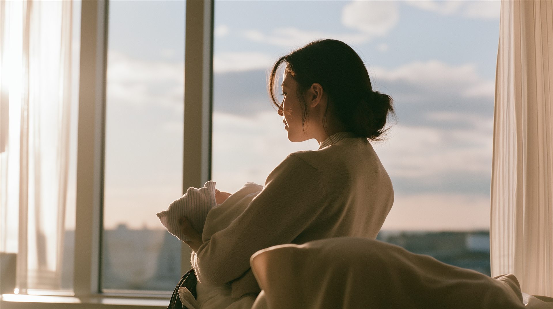 窓辺で赤ちゃんを抱く母親