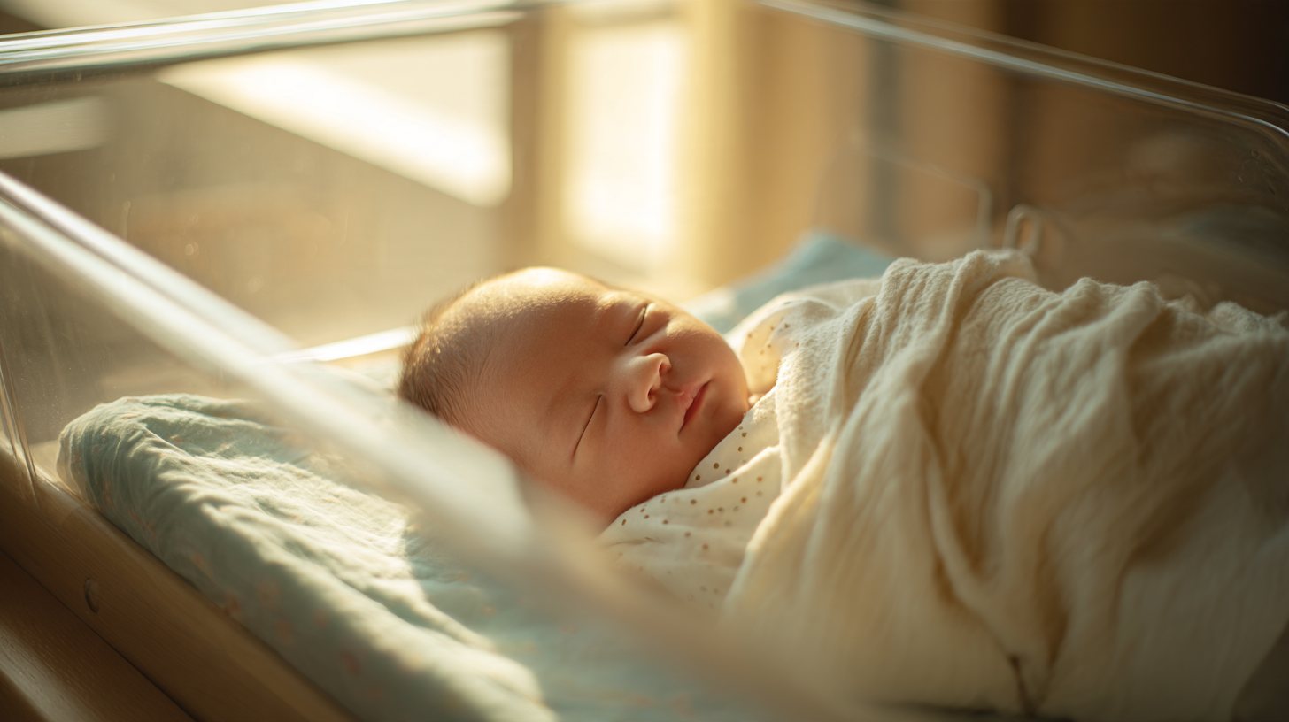 新生児室のベッドで安らかに眠る赤ちゃん