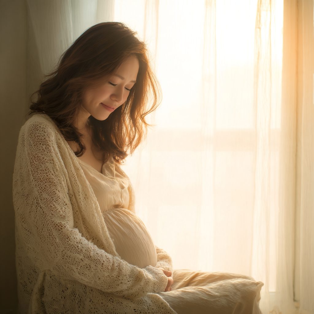 おなかにそっと手を添える妊婦さん